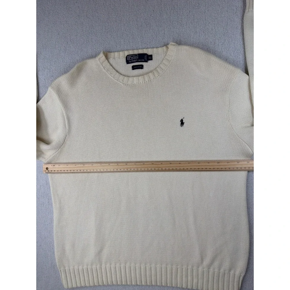 90's Vtg Polo Ralph Lauren Sweater Mens XL Cream 100% Cotton Crewneck navy pony